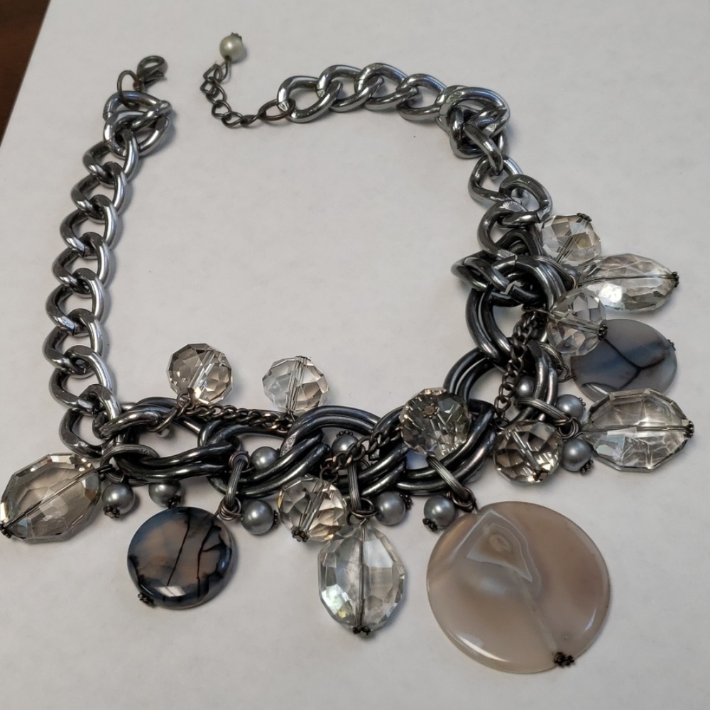 Chunky Silver tone necklace with acrylic beads
